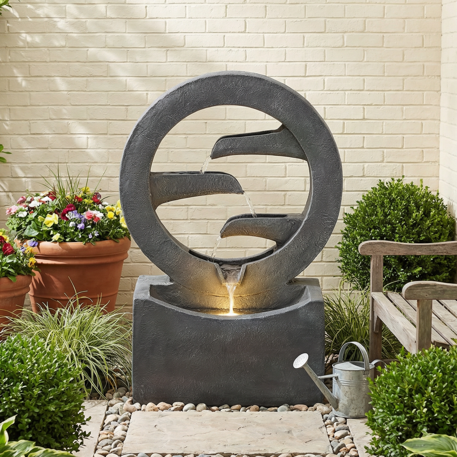 zen ring cascade fountain surrounded by garden greenery