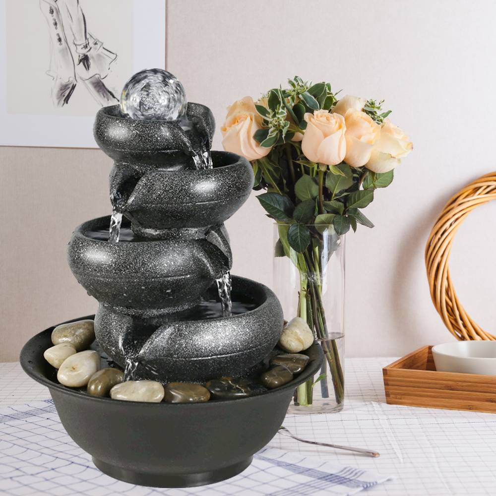 11.4 Inch Resin 5-Tier Tabletop Fountain with LED Lights - Grey
