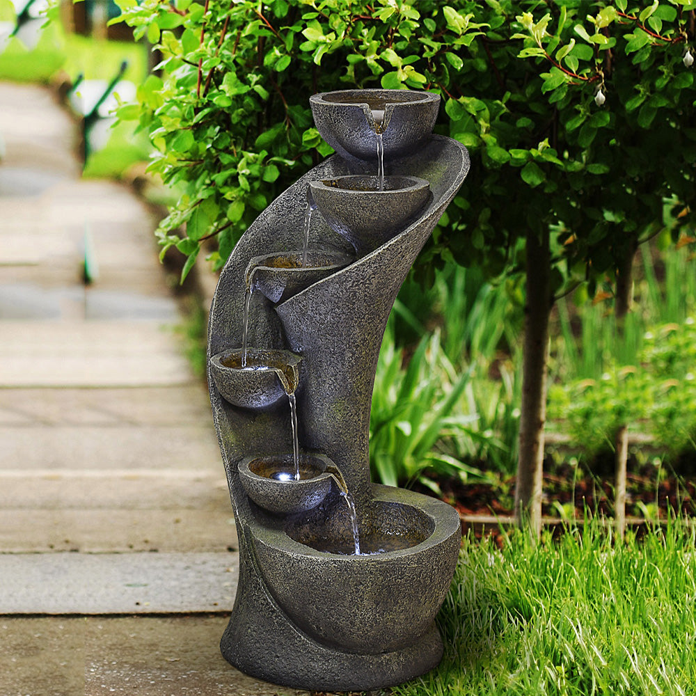 Outdoor 6-Tiered Bowl Fountain with LED Lights - Rustic Design for Garden, Patio, and Yard/23.6” H