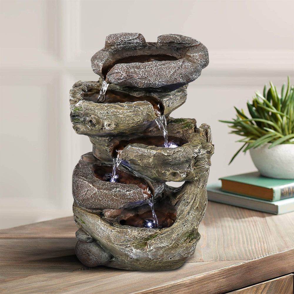 5-Tiered Resin Stacked Indoor Tabletop Fountain with Lights - 15&quot;H