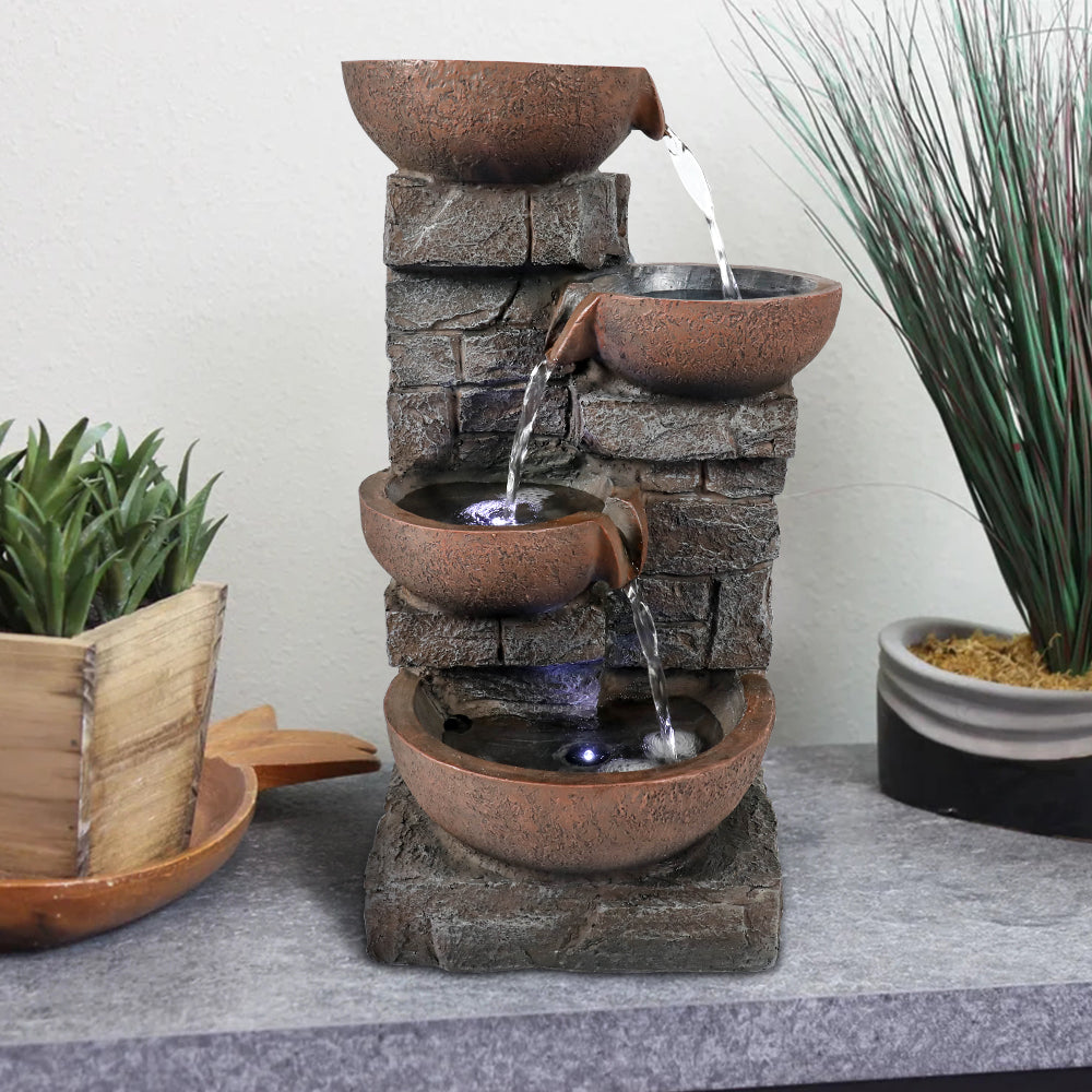 4-Tiered Resin Bowl Indoor Tabletop Fountain with LED Light-15.7&quot;H