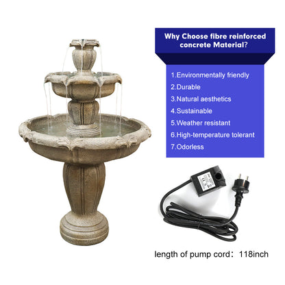 3-Tiers Concrete Outdoor Water Fountain Included Pump-48” H