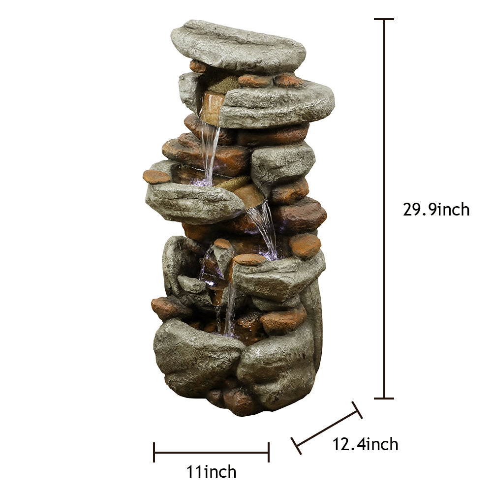 29.9&quot;H-Tiered  Rock Garden Outdoor Fountain with LED Lights