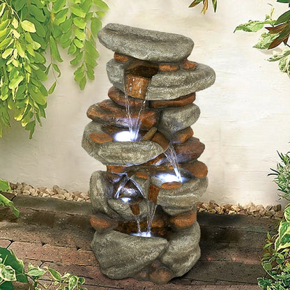 29.9&quot;H-Tiered  Rock Garden Outdoor Fountain with LED Lights