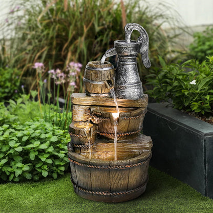 25.5 Inch Resin 3-Tier Retro Barrel Fountain Broken Well Look - Full View  2