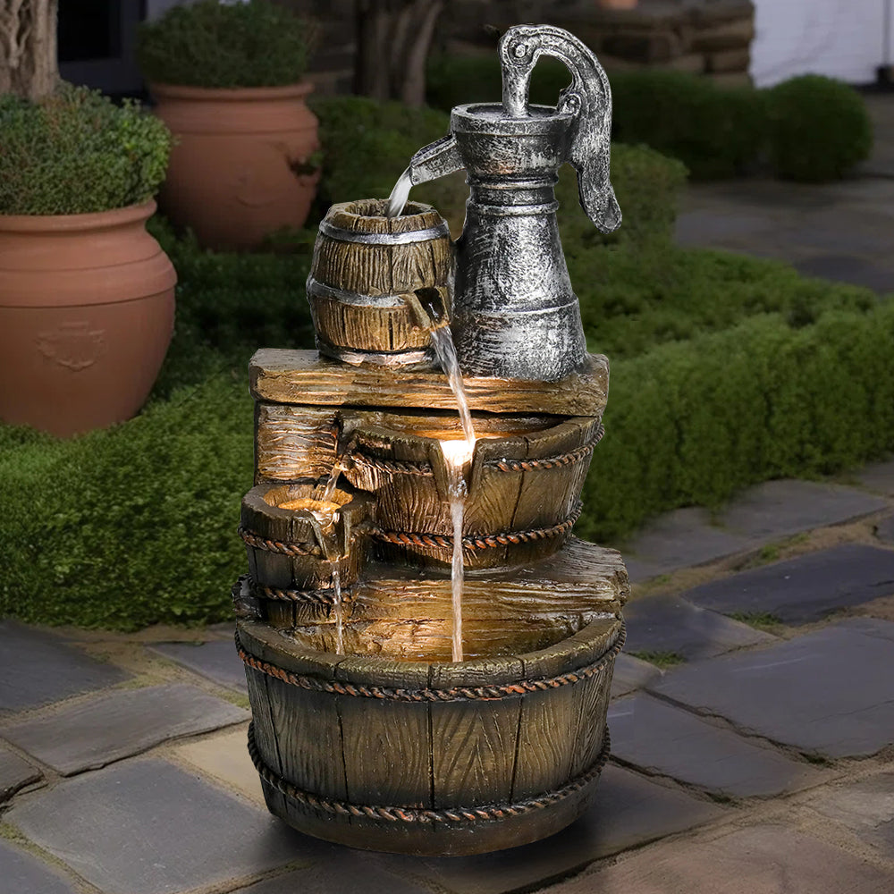 25.5" tall retro barrel fountain tucked into a cozy rustic garden