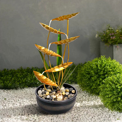 6-Tiered Metal Gold Lotus Leaf Fountain Indoor/Outdoor- 22.6” H