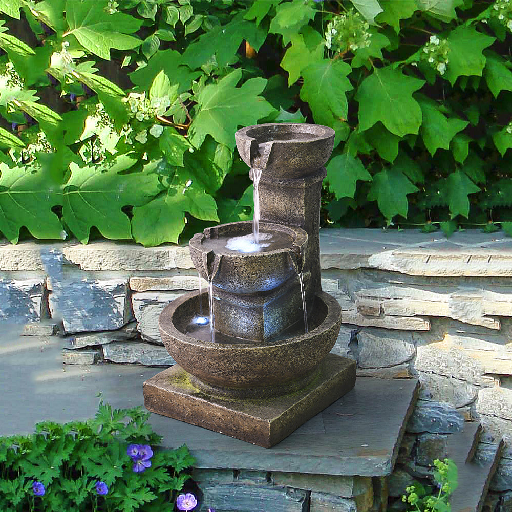 Resin Classical 3 Tier Tabletop Garden Fountain 16 Inch LED lit at night