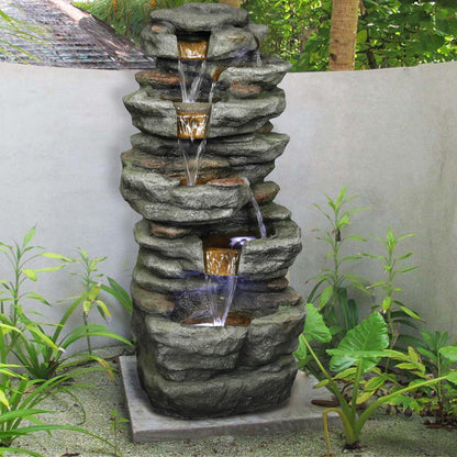 32.6" tall cascading slate fountain serving as an eye-catching focal point in the garden center.
