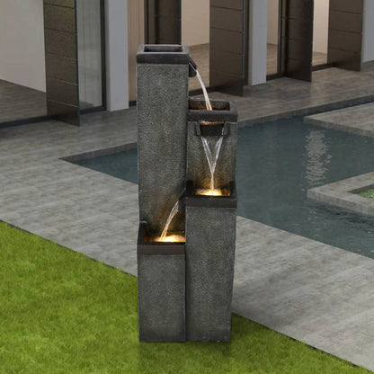 39.3-inch fiber-reinforced concrete four-tier square fountain on a modern lawn