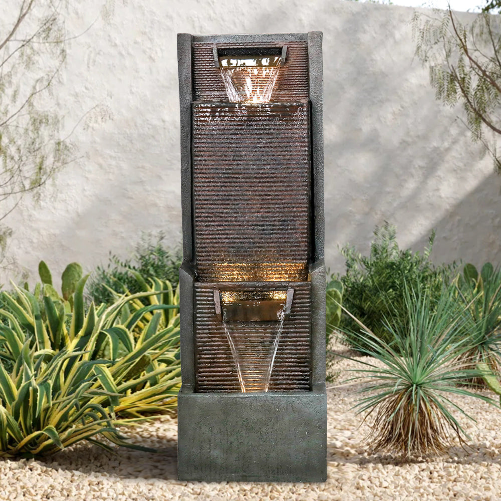 39.3 inch tall modern tiered cascading fountain in a contemporary garden landscape