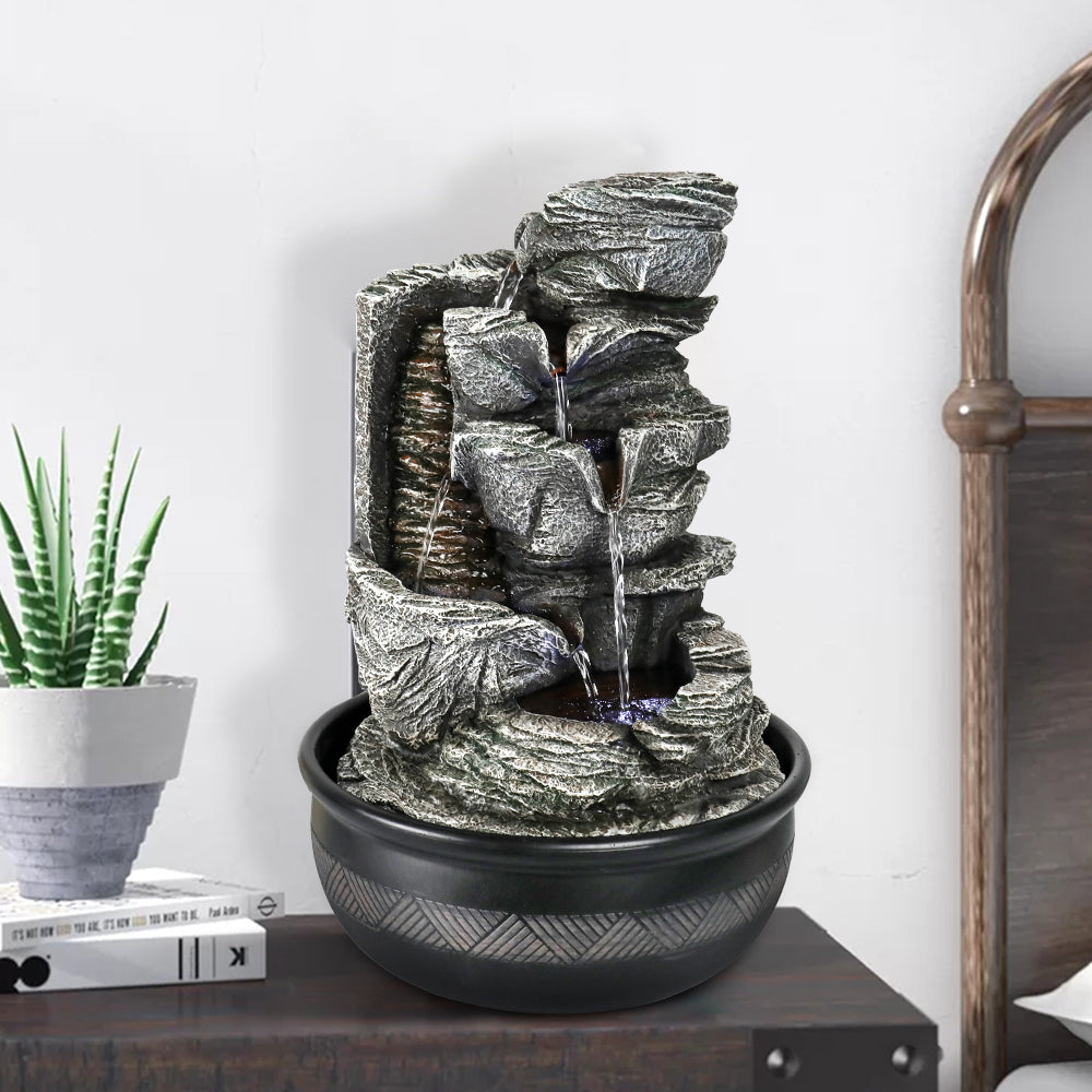 Resin Stacked Rock Tabletop Indoor Fountain with LED Lights- 15.7&quot; H