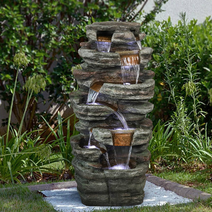 48&quot; H 7-Tiered Stacked Shale Outdoor Fountain with LED Lights