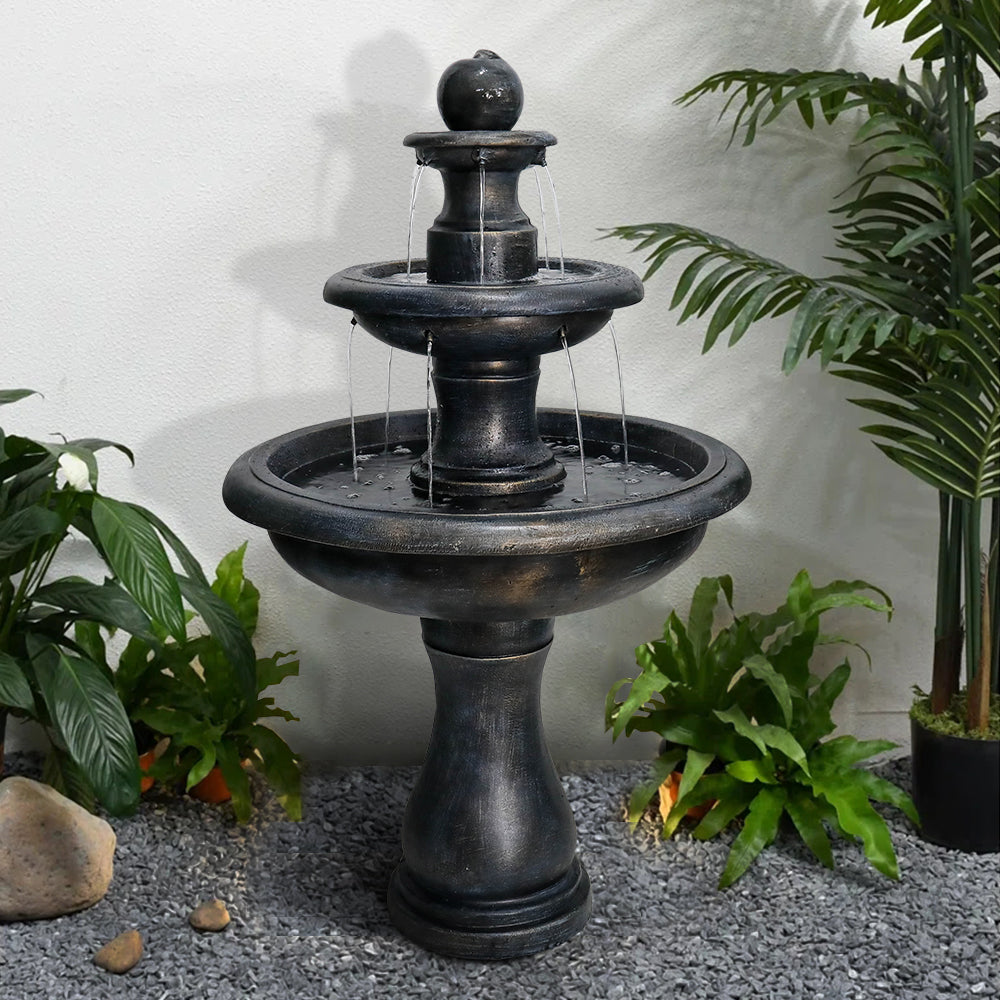 Concrete Antique Black 3 Tier Outdoor Water Fountain in garden setting