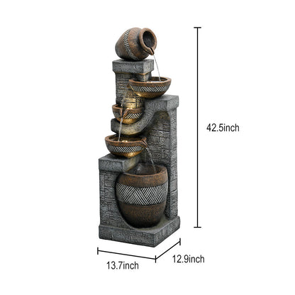 42.5&quot;H-5 Tiered Clay Pot Outdoor Water Fountain with LED Light