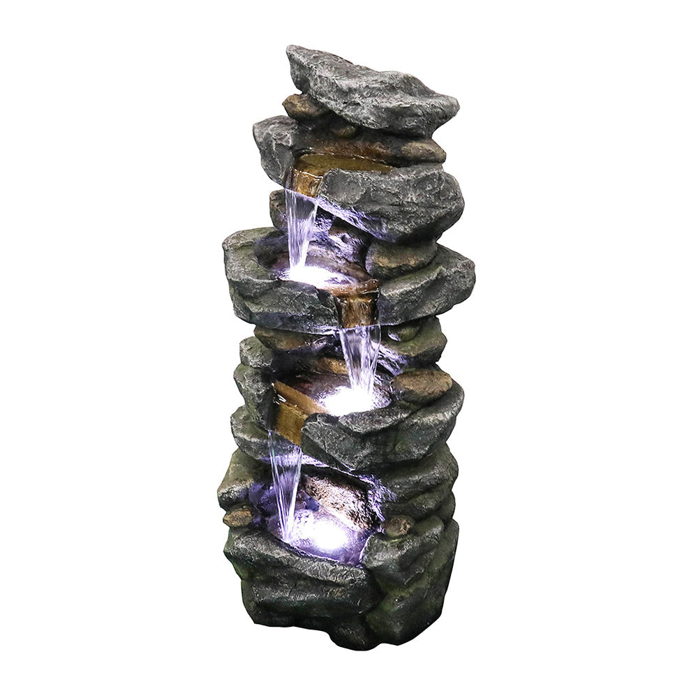 40in 4-Tiered Rock Outdoor Fountain with White LED Lights