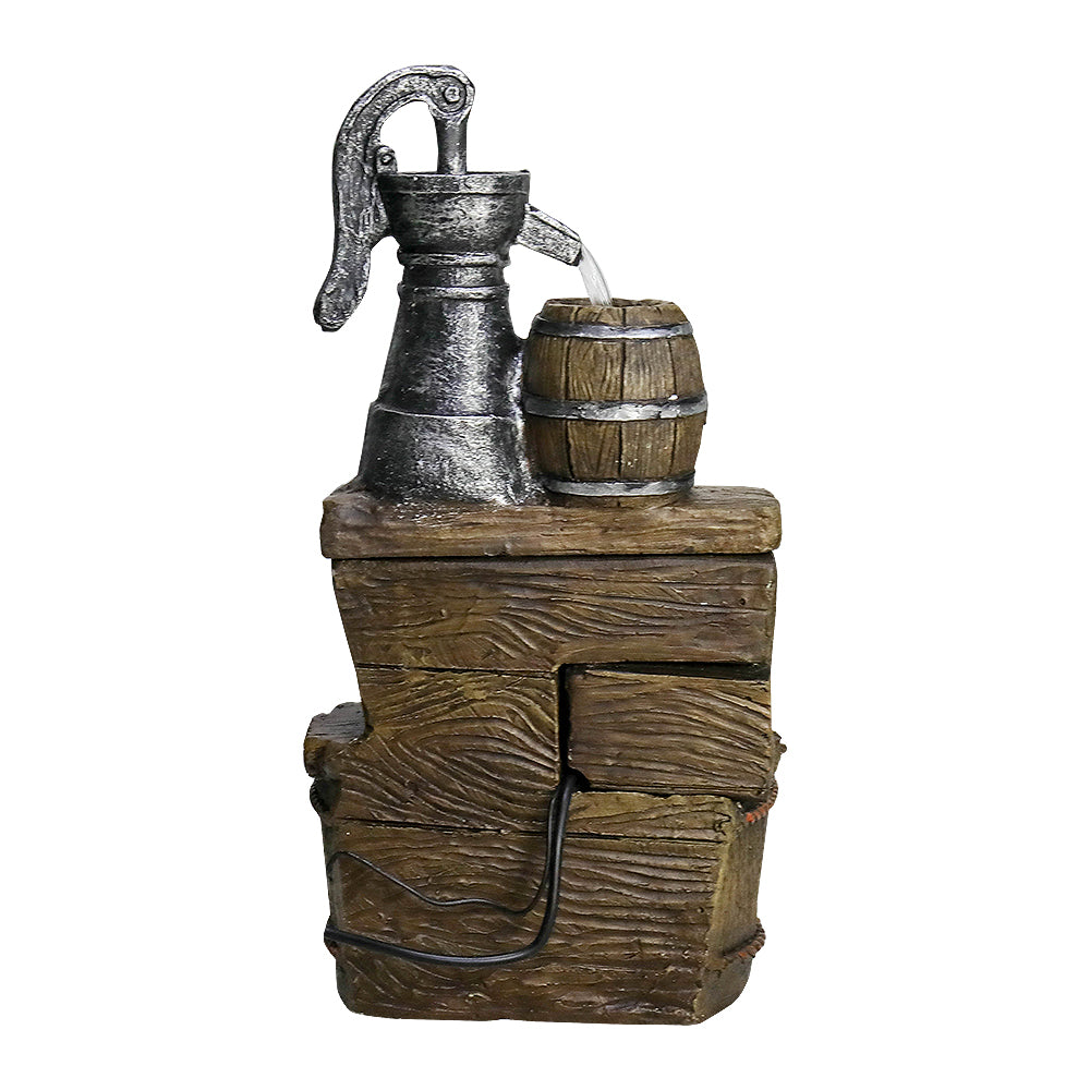 Back view of the rustic 3-tier retro barrel fountain on a white background