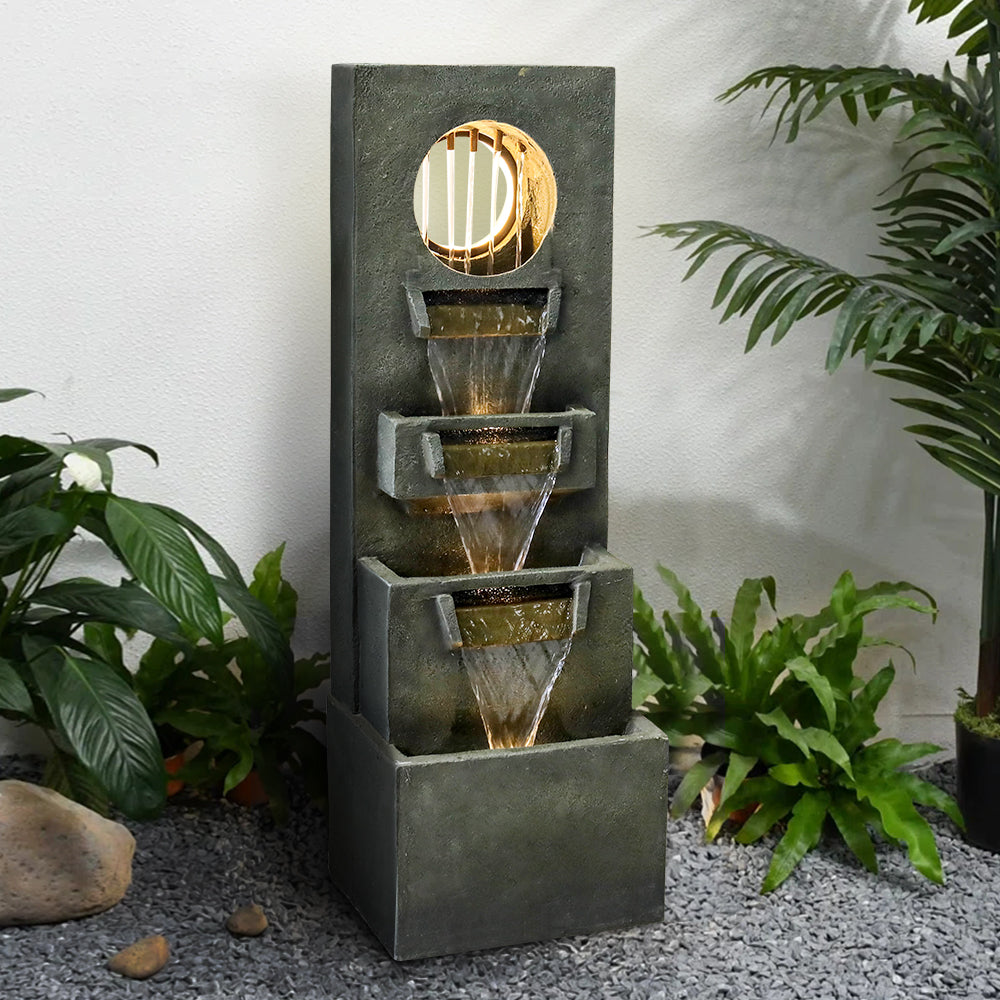 Resin Moon Gate Outdoor Water Fountain 39 Inch Warm LED lit at night