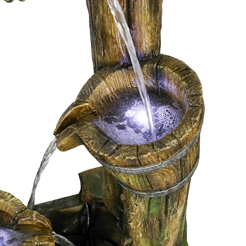 Close-up of the second and third buckets with integrated LED lights illuminating the water flow