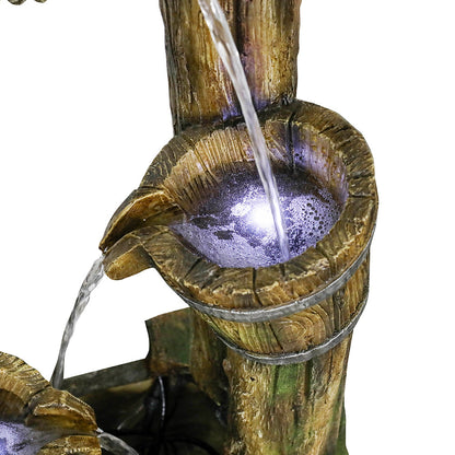 Close-up of the second and third buckets with integrated LED lights illuminating the water flow