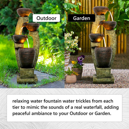 Day and night contrast of the modern curved fountain, highlighting the built-in LED lights at night