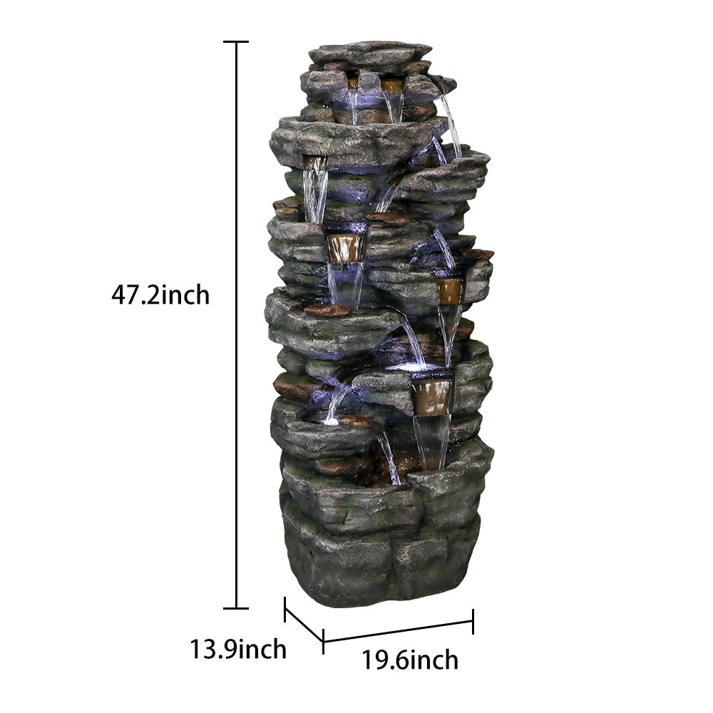 Detailed dimensions and size chart for the 9-tier lifelike rock waterfall fountain