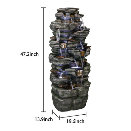 Detailed dimensions and size chart for the 9-tier lifelike rock waterfall fountain