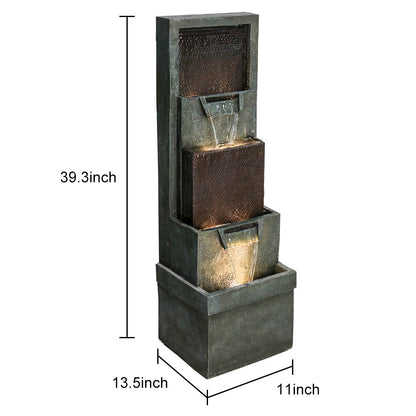 Detailed dimensions and size chart for the dark gray cascading outdoor fountain