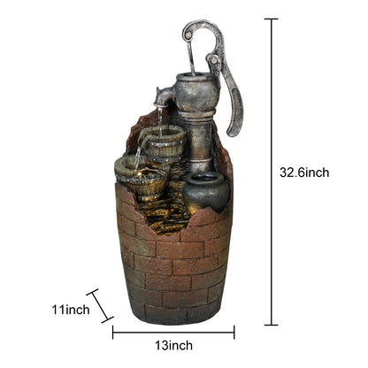 Detailed dimensions and size chart for the hand pump and barrel water feature