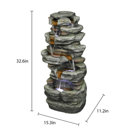 Dimension chart showing the 15.3x11.2x32.6" size of the slate stone outdoor waterfall.