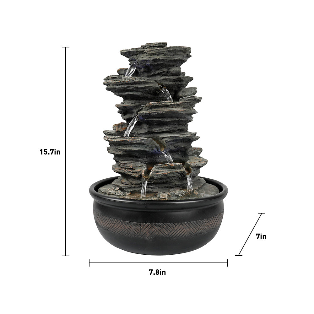Resin 6 Tier Slate Tabletop Water Fountain 15 Inch on patio