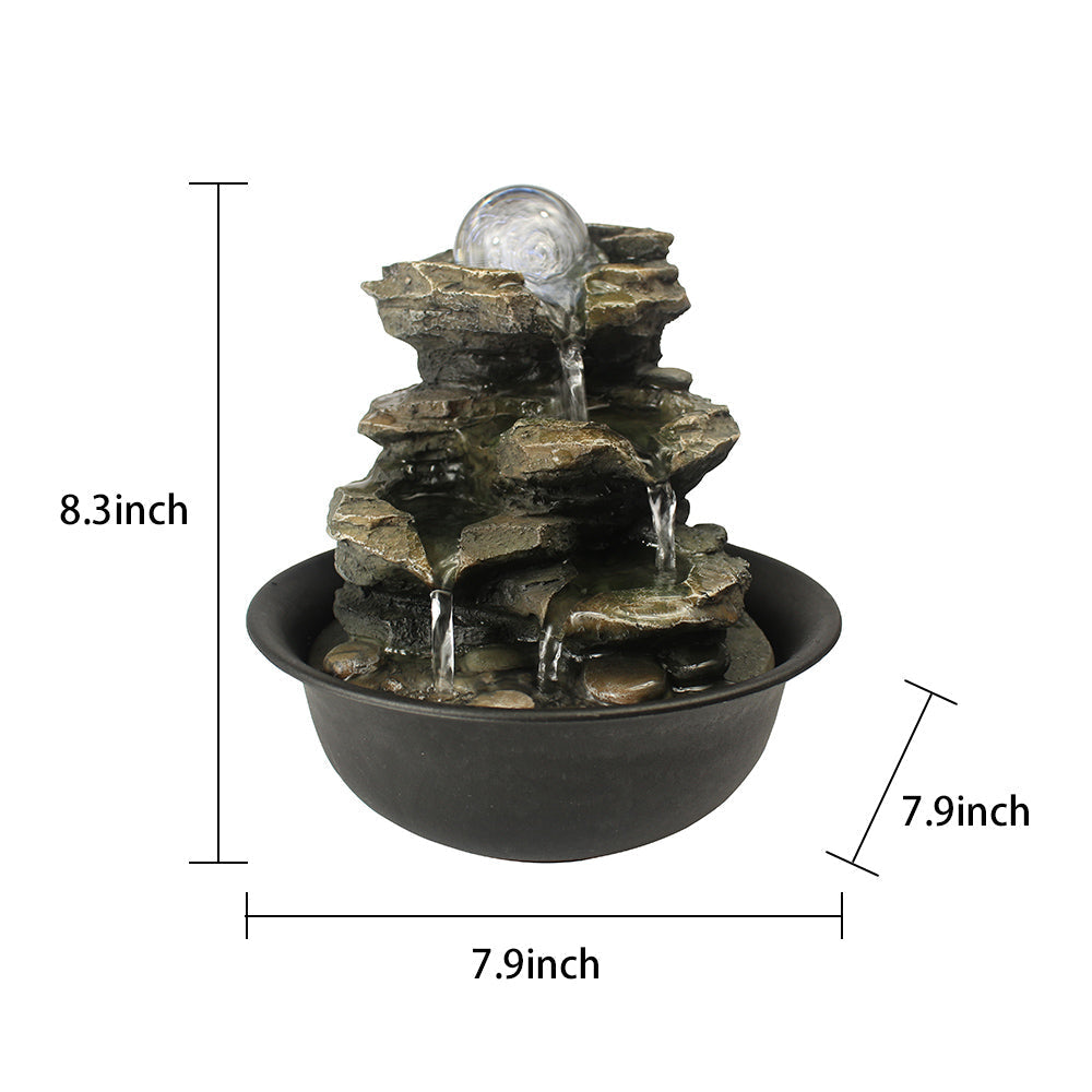Resin Spinning Orb Tabletop Fountain 8 Inch Color LED dimensions and size