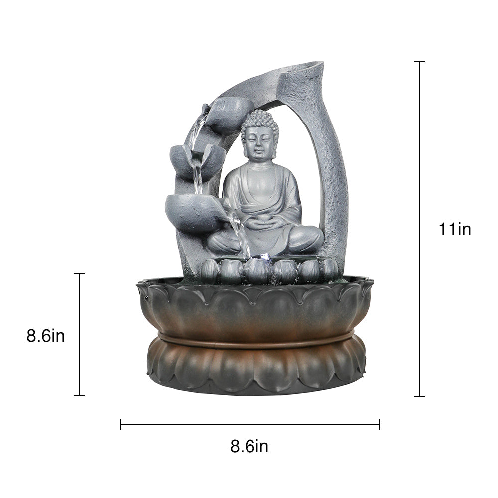 Dimensions chart for the 11"H portable resin Buddha tabletop fountain with lotus base