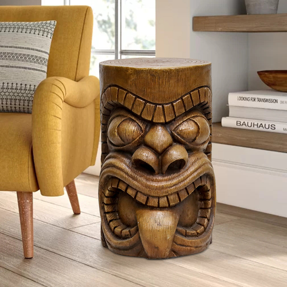 Faux wood tribal art deco sculpture acting as an end table in a living room