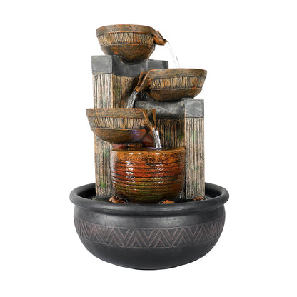 Front view of the 15.7" antique 5-tiered tabletop fountain with LED lights on white