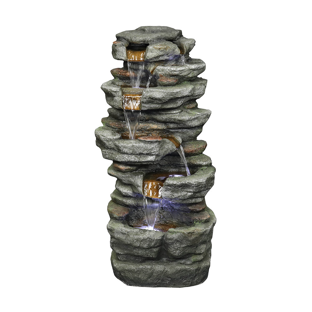 Front view of the 32.6"H 6-tier gray slate stone garden fountain with LEDs on white.