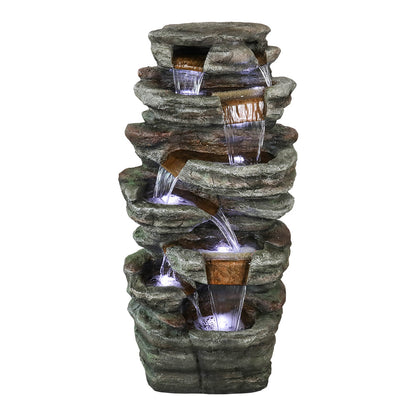 Front view of the 48"H 7-tier stacked shale garden fountain with LEDs on white