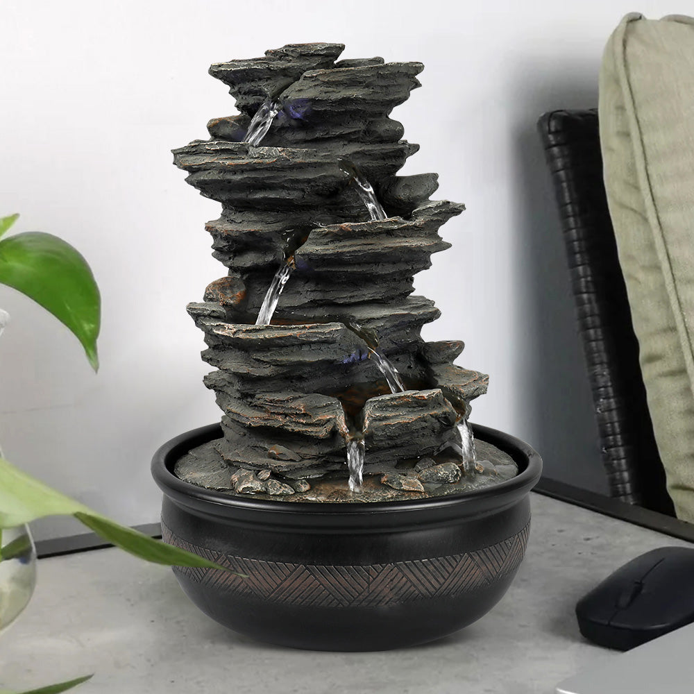 Resin 6 Tier Slate Tabletop Water Fountain 15 Inch LED lit at night
