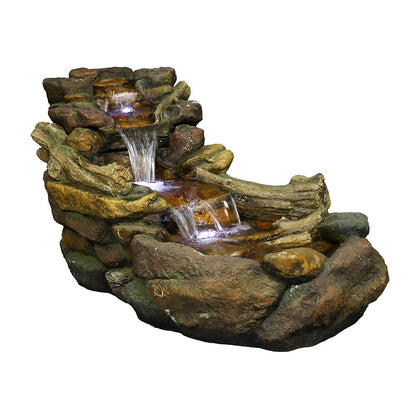 Left side profile of the rust-proof resin aged wood and stone waterfall on white