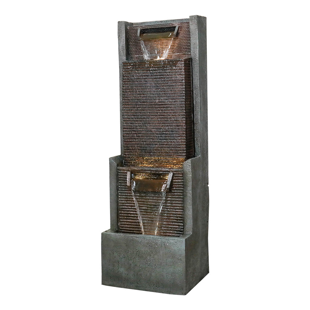 Left side profile view of the 39.3 inch tall modern tiered cascading fountain on a white background