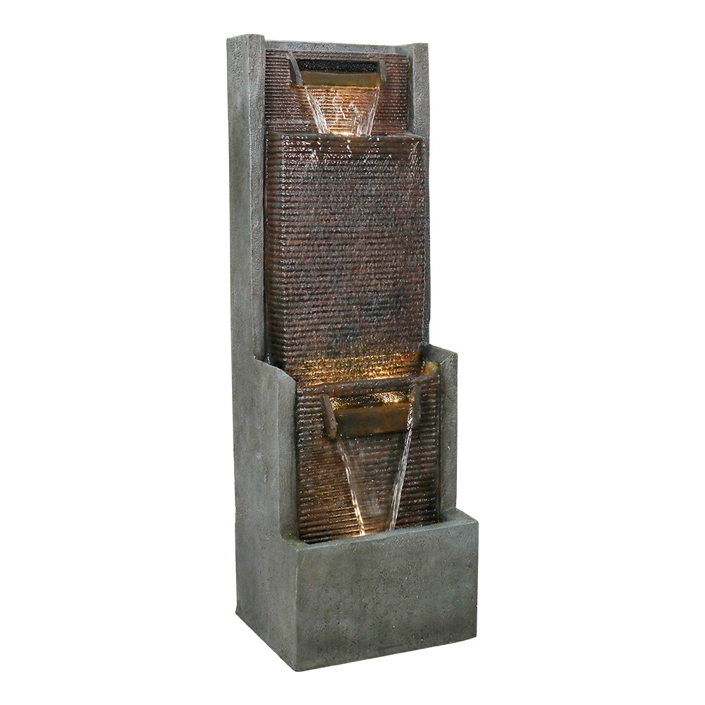Right side profile view of the modern tiered cascading water feature on a white background