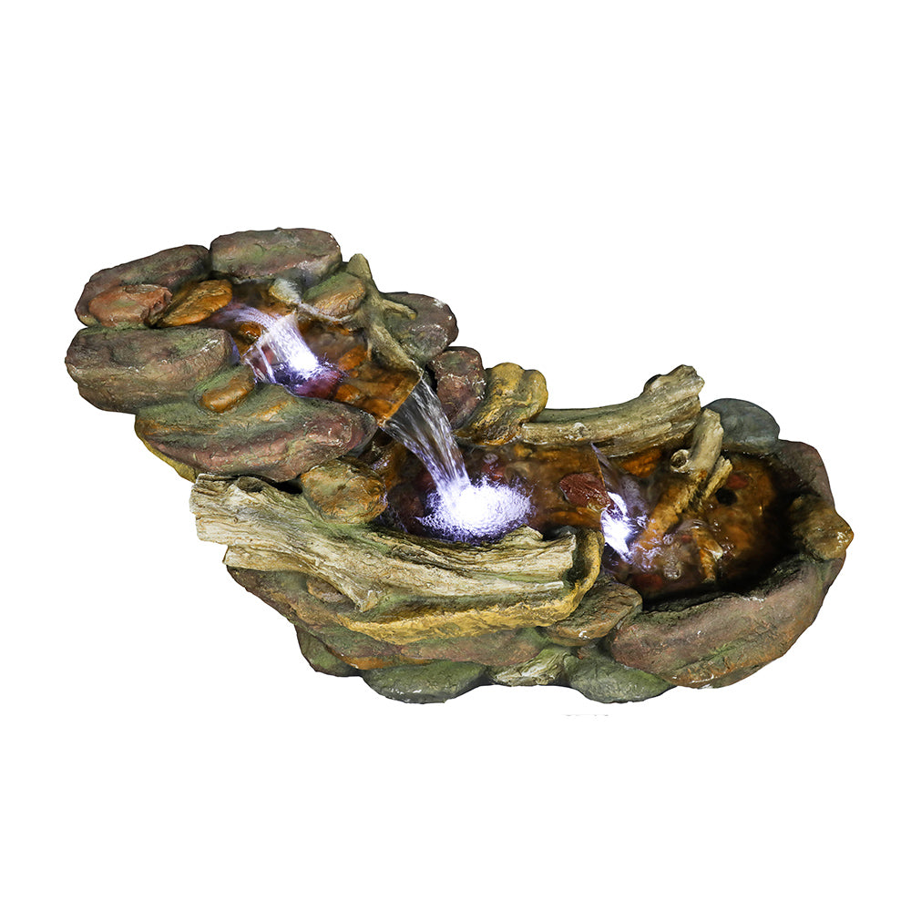 Right side view of the weather-resistant tiered faux rock and wood fountain on white
