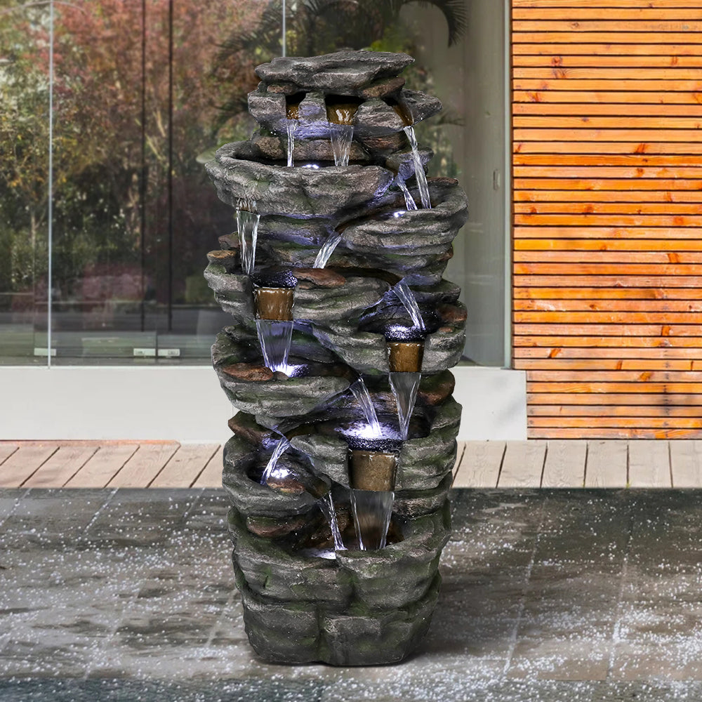 Resin Jagged Shale Outdoor Waterfall Fountain 13 Streams in garden setting