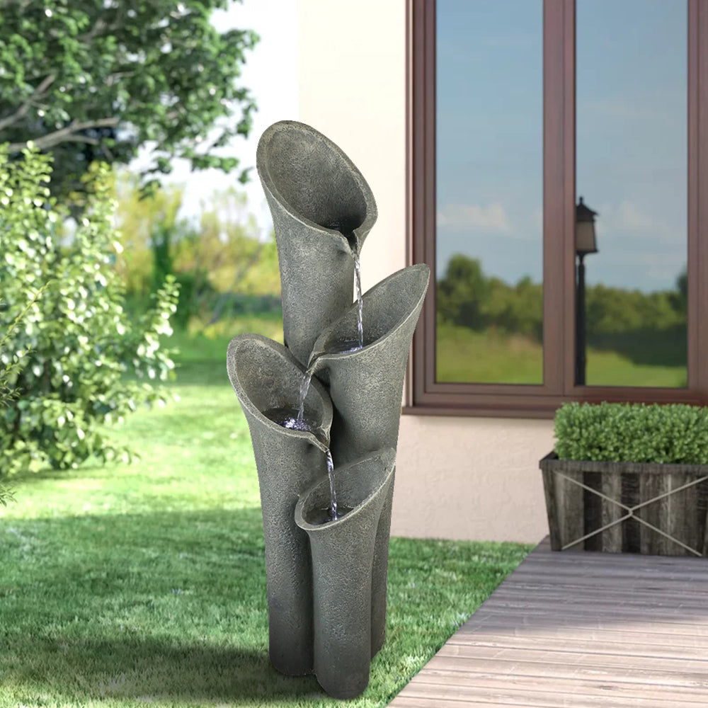 Concrete Trumpet Flower Outdoor Fountain 33 Inch LED lit at night