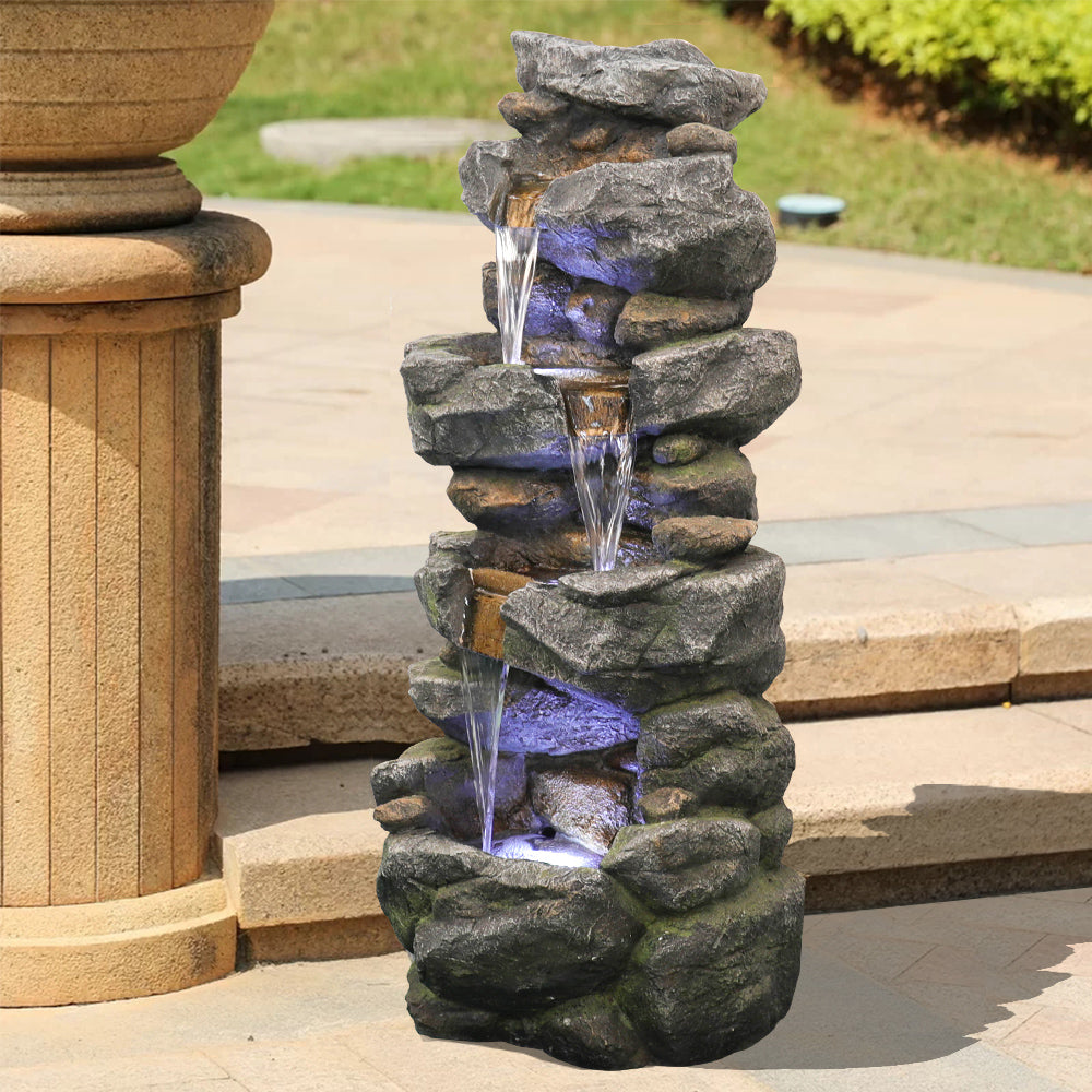 40in 4-Tiered Rock Outdoor Fountain with White LED Lights