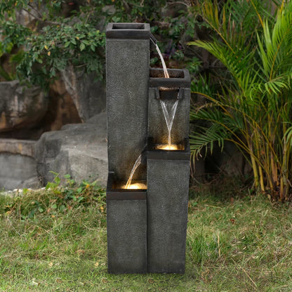 39.3&quot;H 4-Tiered Square Outdoor Fountain with Warm LED Lights