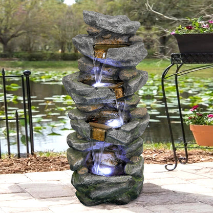 40in 4-Tiered Rock Outdoor Fountain with White LED Lights