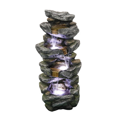 4-Tiered Rock Outdoor Fountain with White LED Lights